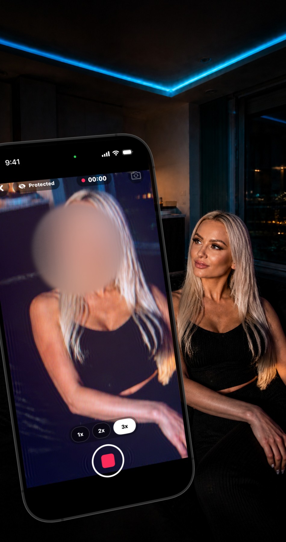 A creator beside a phone showing live BleepFace recording