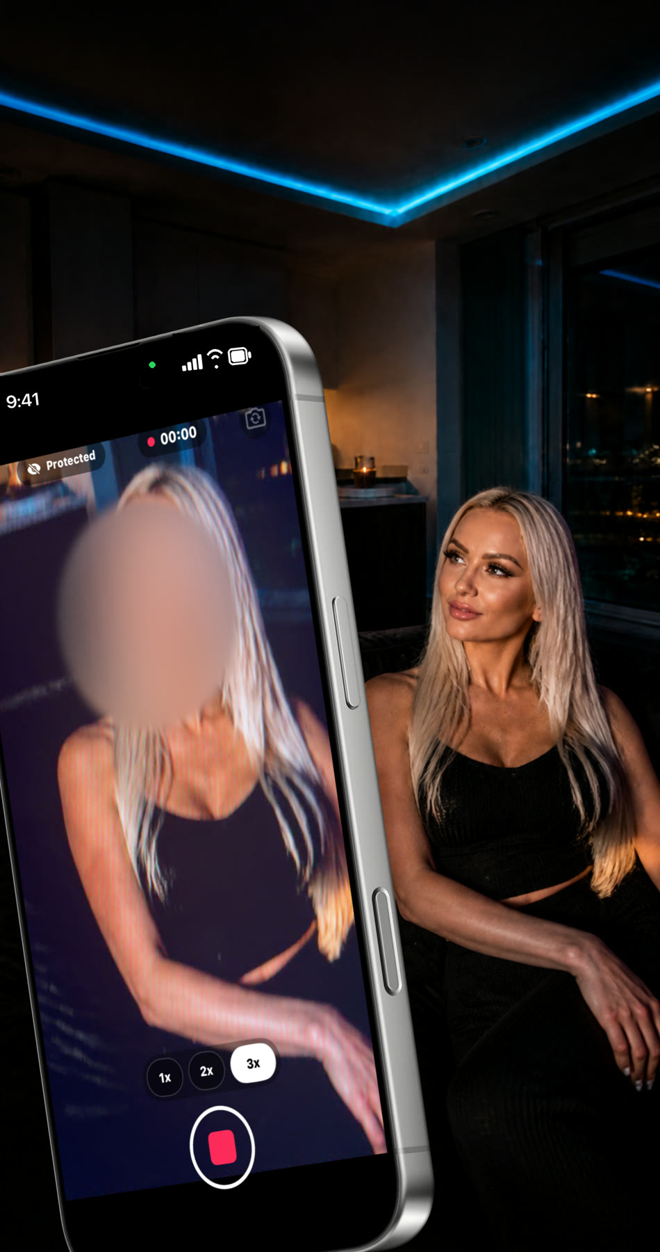A creator beside a phone showing live BleepFace recording